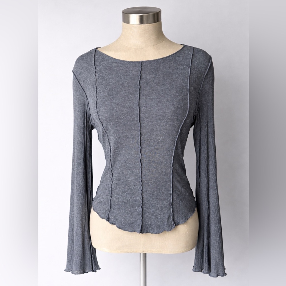 Free People Long Sleeve Top T-shirt Large Grey Ribbed